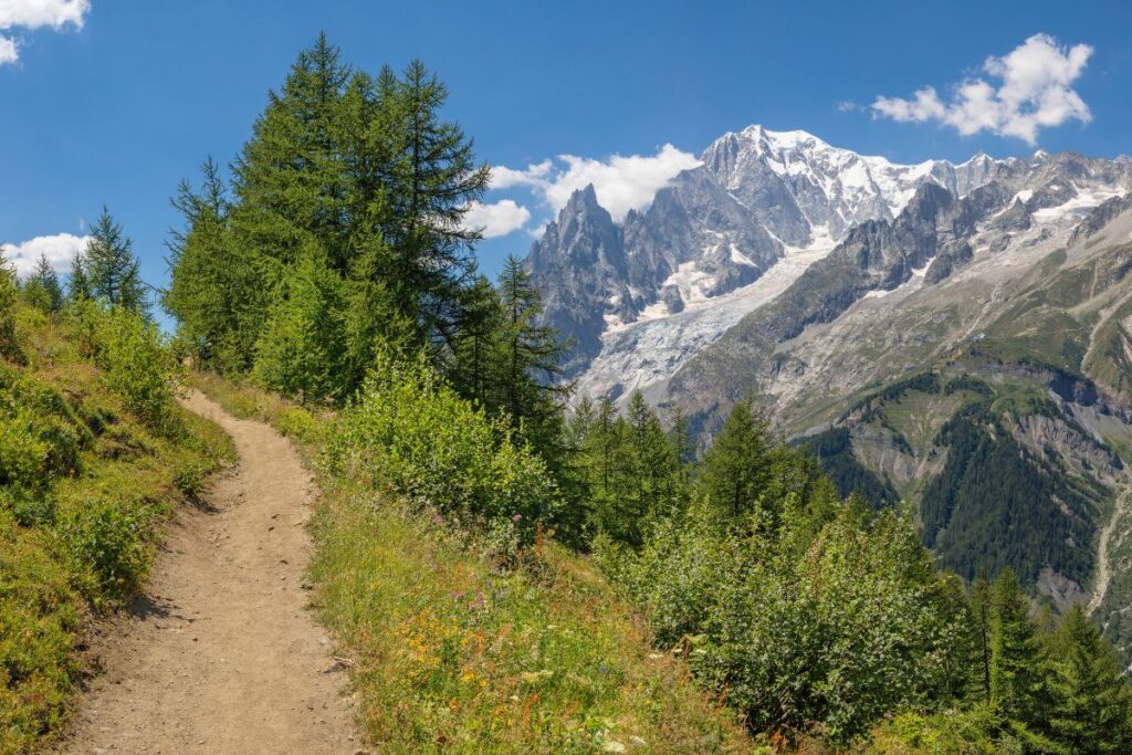 Vallée alpine et sommets enneigés vus depuis un col du Tour du Mont-Blanc