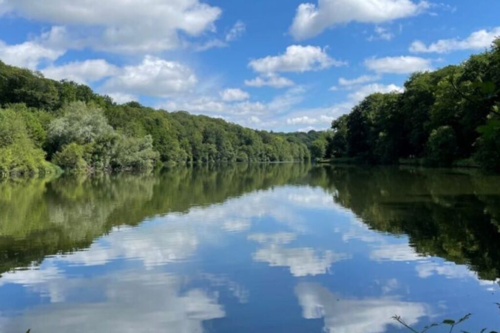 Chemin de randonnée longeant une prairie et des bois au printemps dans la vallée de la Bièvre